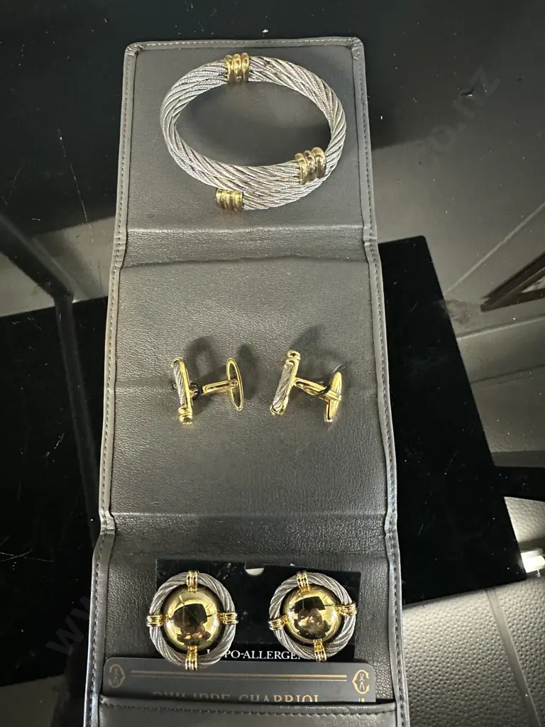 Phillippe Charriol Steel & Gold Plated Overlay Double Cable Bangle, Cuff Links & Earing Set Image 1++