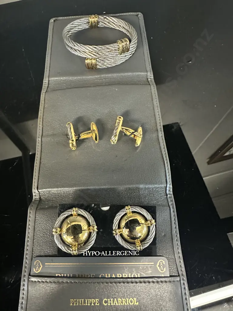 Phillippe Charriol Steel & Gold Plated Overlay Double Cable Bangle, Cuff Links & Earing Set Image 1++