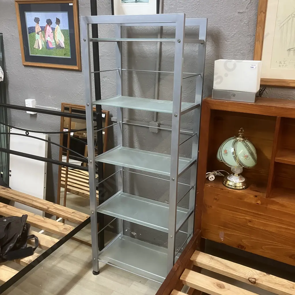 Grey Metal Shelf Unit With 5 Tempered Frosted Glass Shelves. H171 W61 D36cm Image 1++