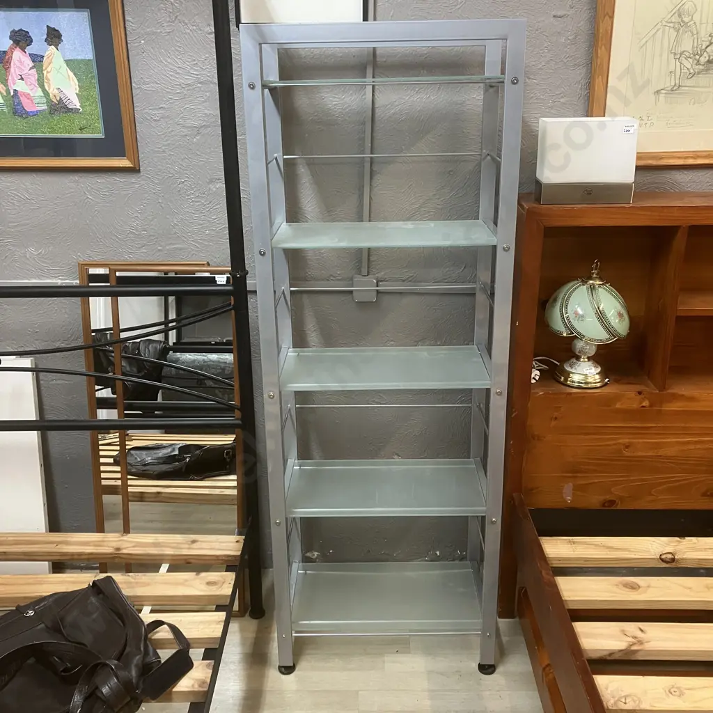 Grey Metal Shelf Unit With 5 Tempered Frosted Glass Shelves. H171 W61 D36cm Image 1++