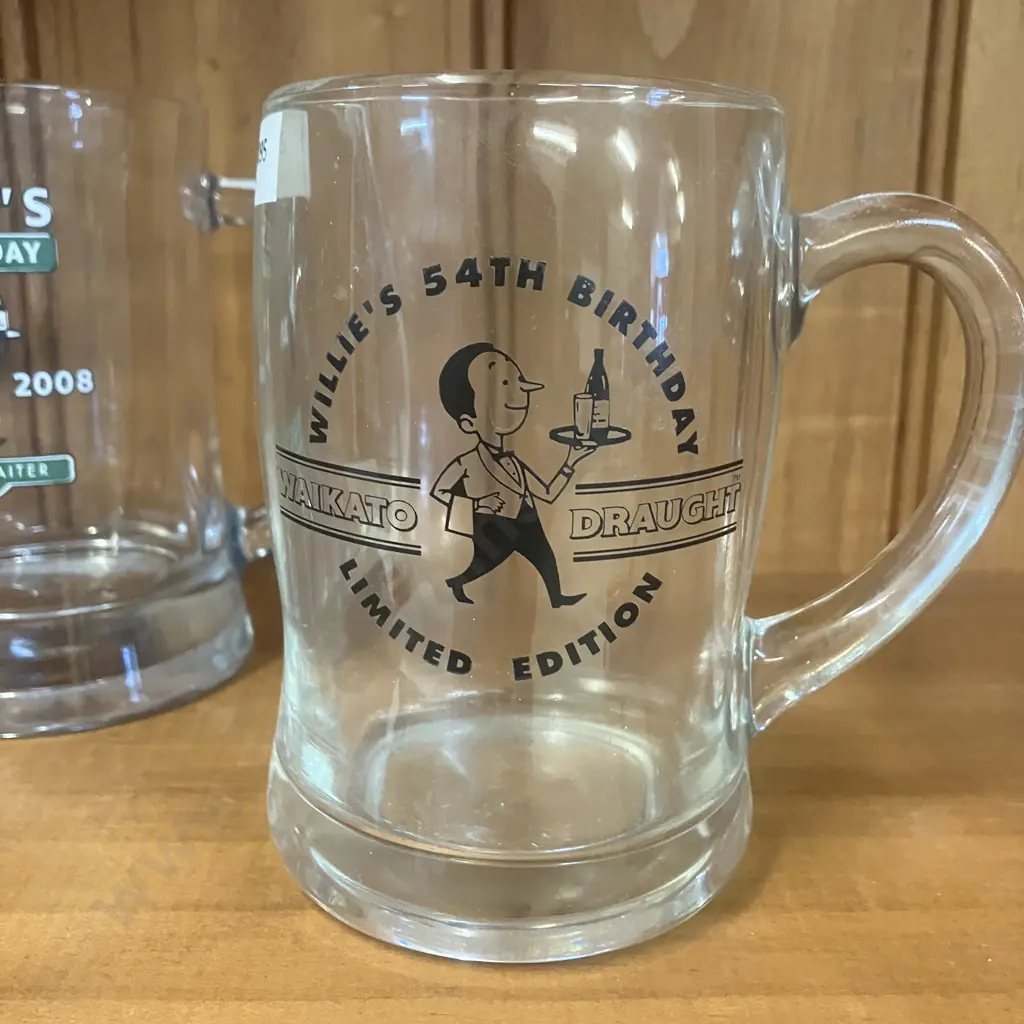 Pair of Waikato Draught Willie's 54th Birthday Glass Handles & Willie's 63rd Glass Handle Image 1++