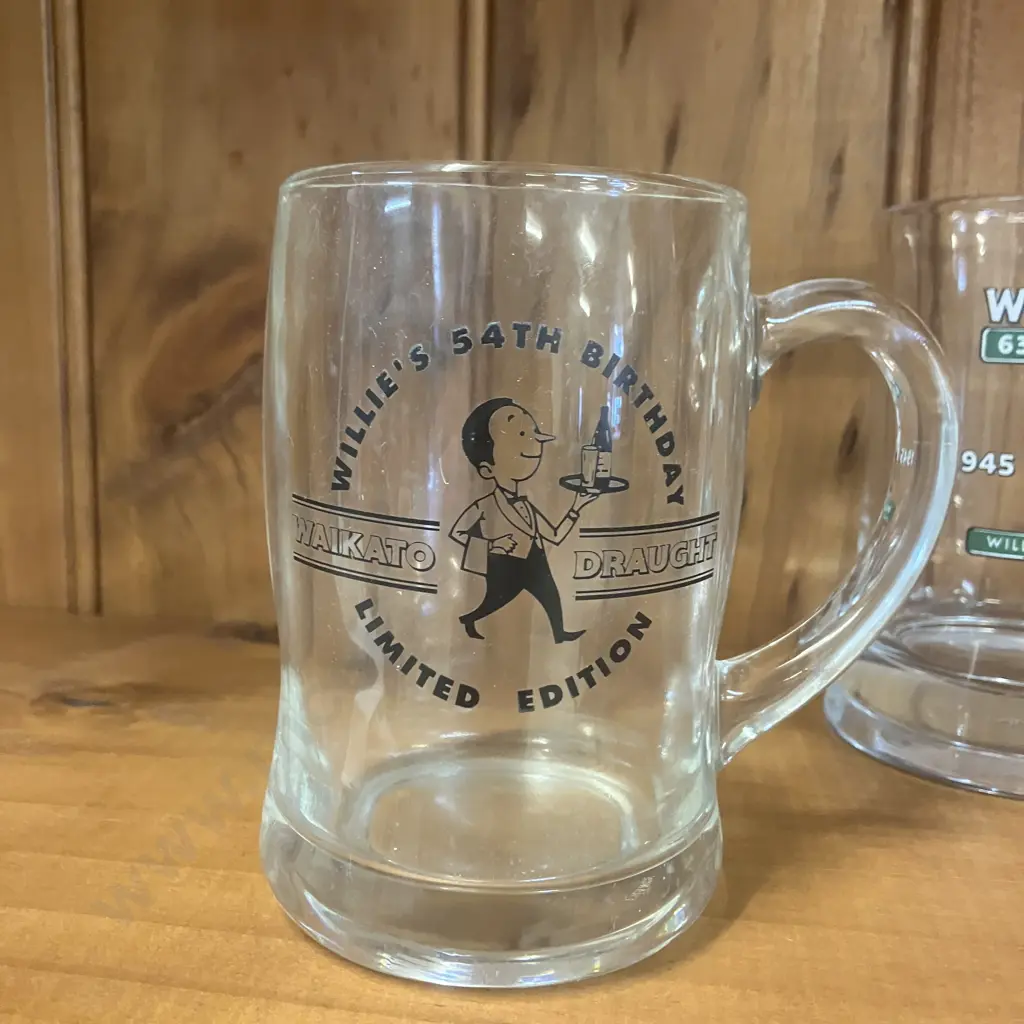 Pair of Waikato Draught Willie's 54th Birthday Glass Handles & Willie's 63rd Glass Handle Image 1++