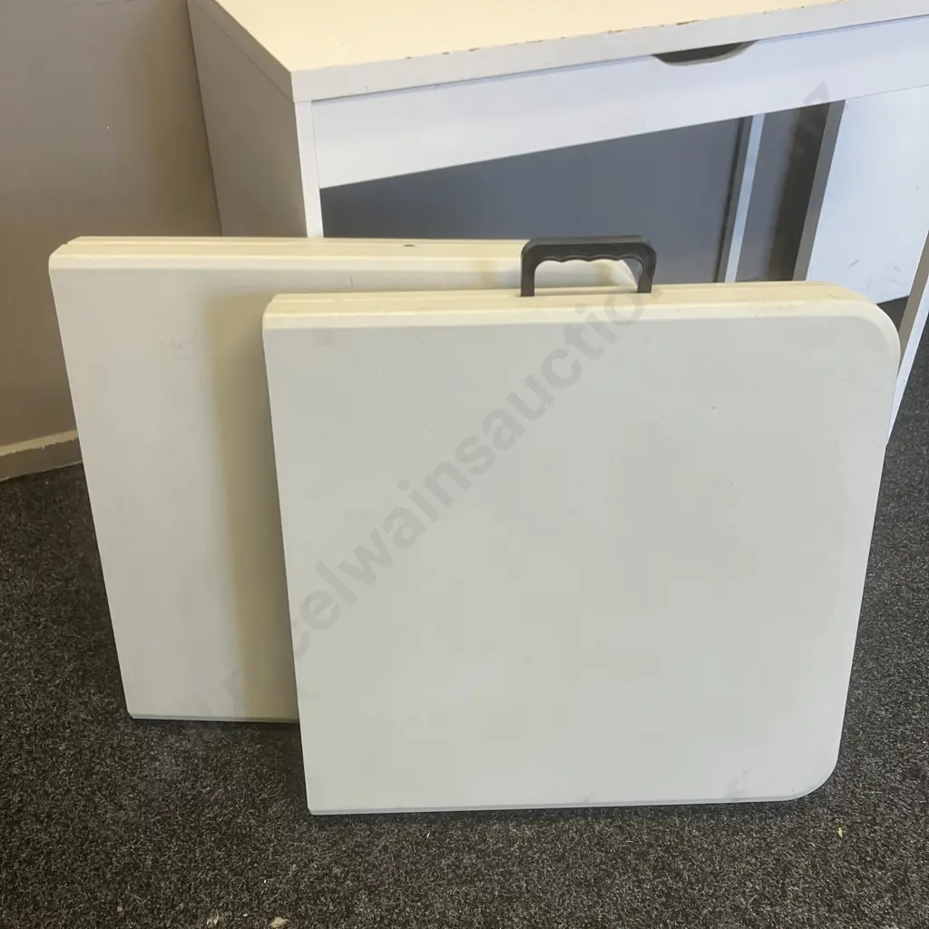Pair of Folding Plastic Trestle Tables, 60 x 120cm (One Table Is Missing Carry Handle) Image 1++