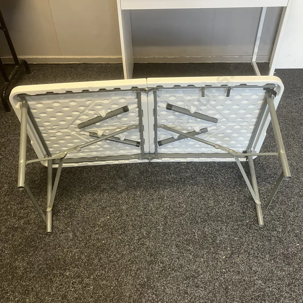 Pair of Folding Plastic Trestle Tables, 60 x 120cm (One Table Is Missing Carry Handle) Image 1++