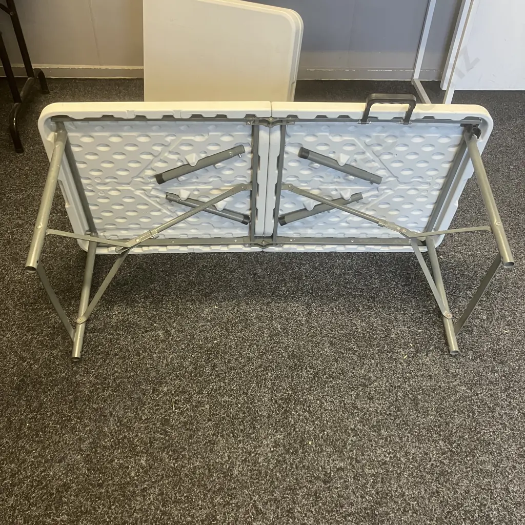 Pair of Folding Plastic Trestle Tables, 60 x 120cm (One Table Is Missing Carry Handle) Image 1++