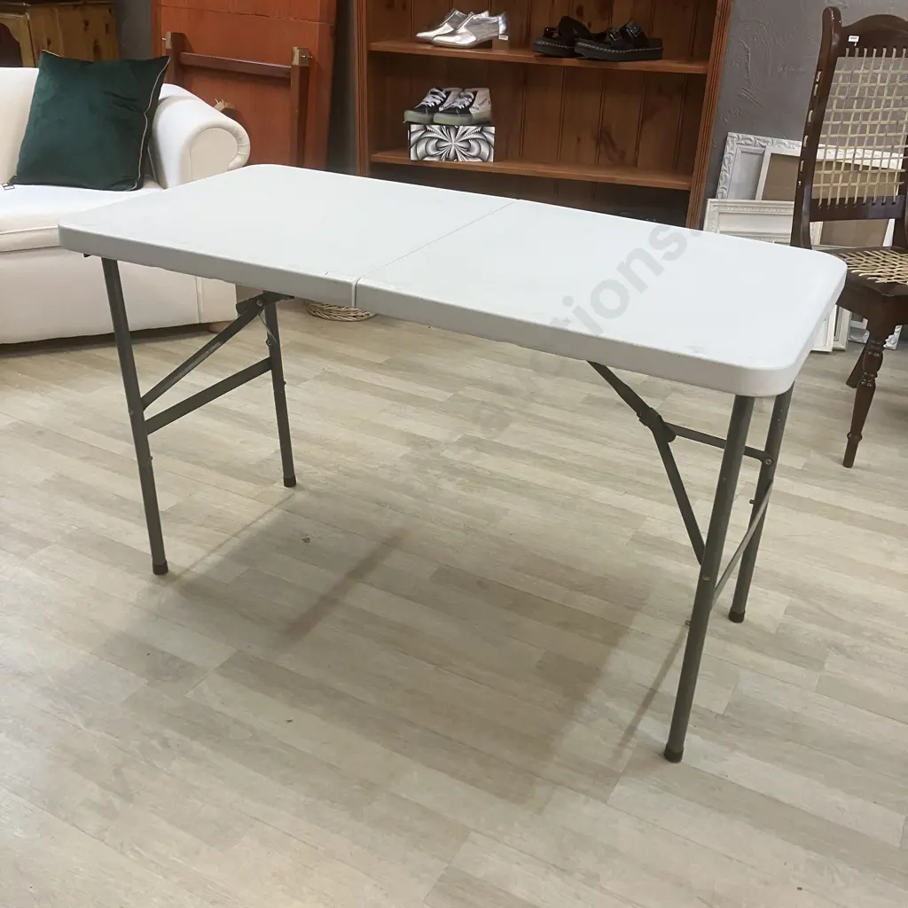 Pair of Folding Plastic Trestle Tables, 60 x 120cm (One Table Is Missing Carry Handle) Image 1++