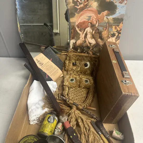 Box Lot Poussin 6 Posters, Mirror, Macrame Owls Etc