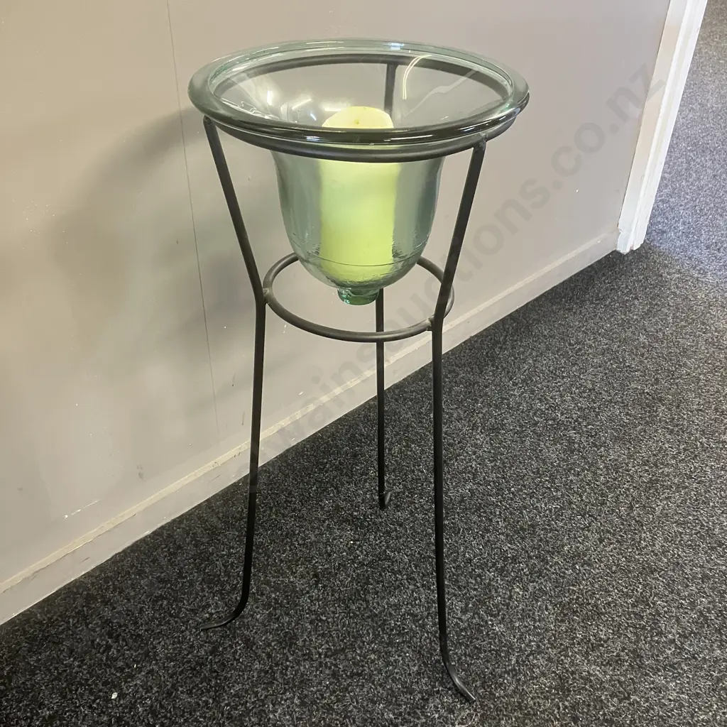 Bell Shaped Glass Candle Holder In Black Metal Stand. 75 x 31cm Image 1++