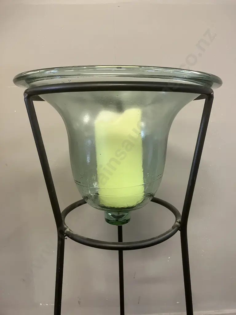 Bell Shaped Glass Candle Holder In Black Metal Stand. 75 x 31cm Image 1++