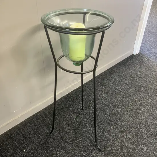 Bell Shaped Glass Candle Holder In Black Metal Stand. 75 x 31cm