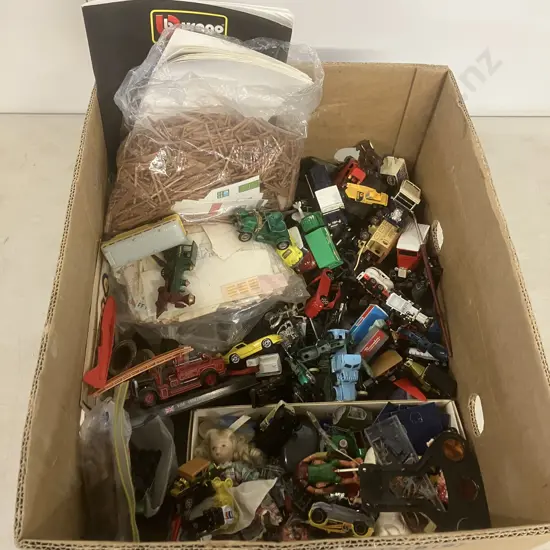 Box Lot Assorted Toy Cars, Lead Figures, Wooden Stick Craft Etc
