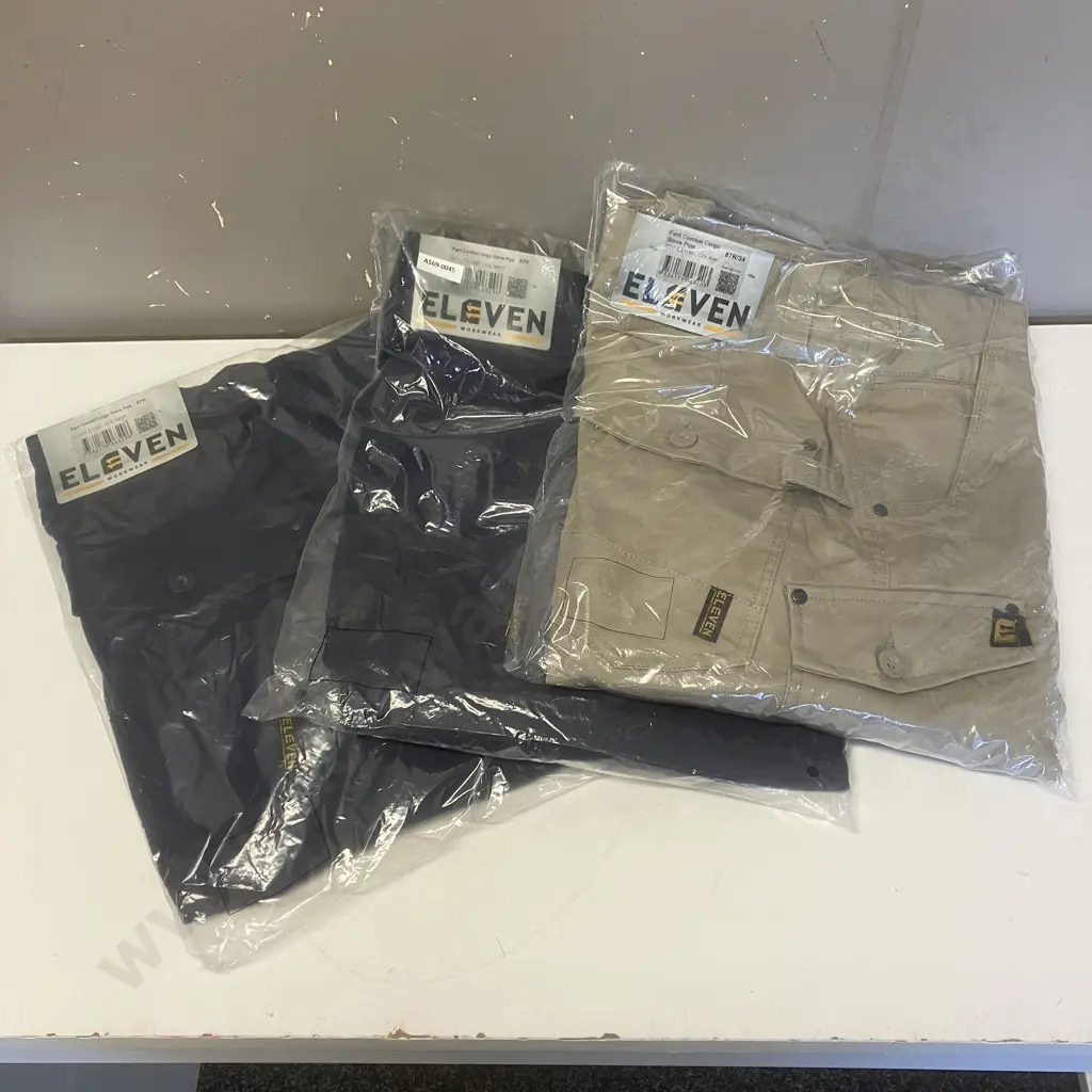ELEVEN Workwear Pant Combat Cargo Stove Pipe - 2 x Size 87R Navy, 1 x Size 87R/34 Khaki Image 1++