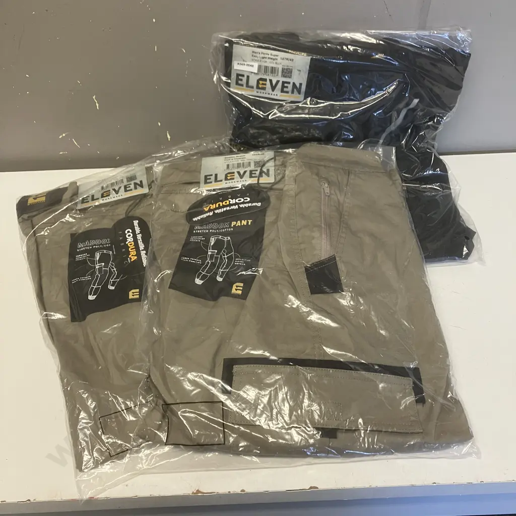 ELEVEN Workwear Maddox Stretch Pant w Contrast 2 x Sz 102R/40 Khaki, 1 x Pants Super Easy Light Weight Sz 107/42 Black Image 1++