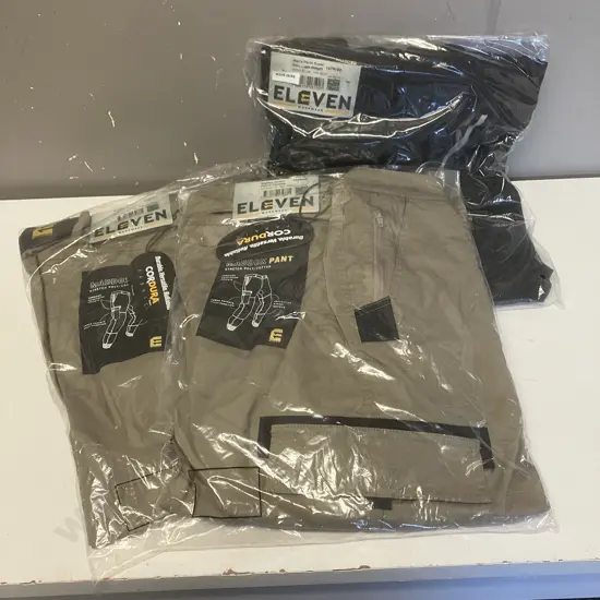 ELEVEN Workwear Maddox Stretch Pant w Contrast 2 x Sz 102R/40 Khaki, 1 x Pants Super Easy Light Weight Sz 107/42 Black