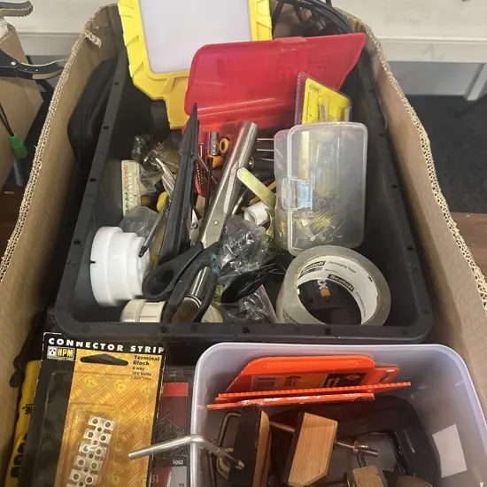 Box Of Assorted Hardware Items Including Tools Etc