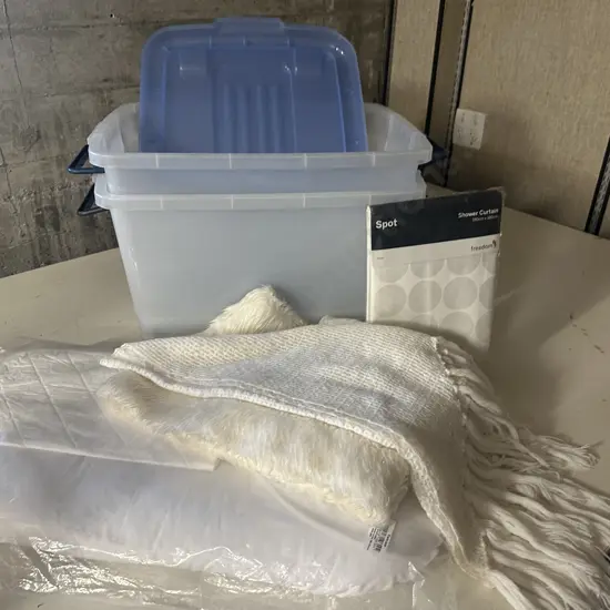 Pair Of 46 Litre Clear Bins With Freedom Spot Shower Curtain, Vintage Shawls & Bassinette Mattress