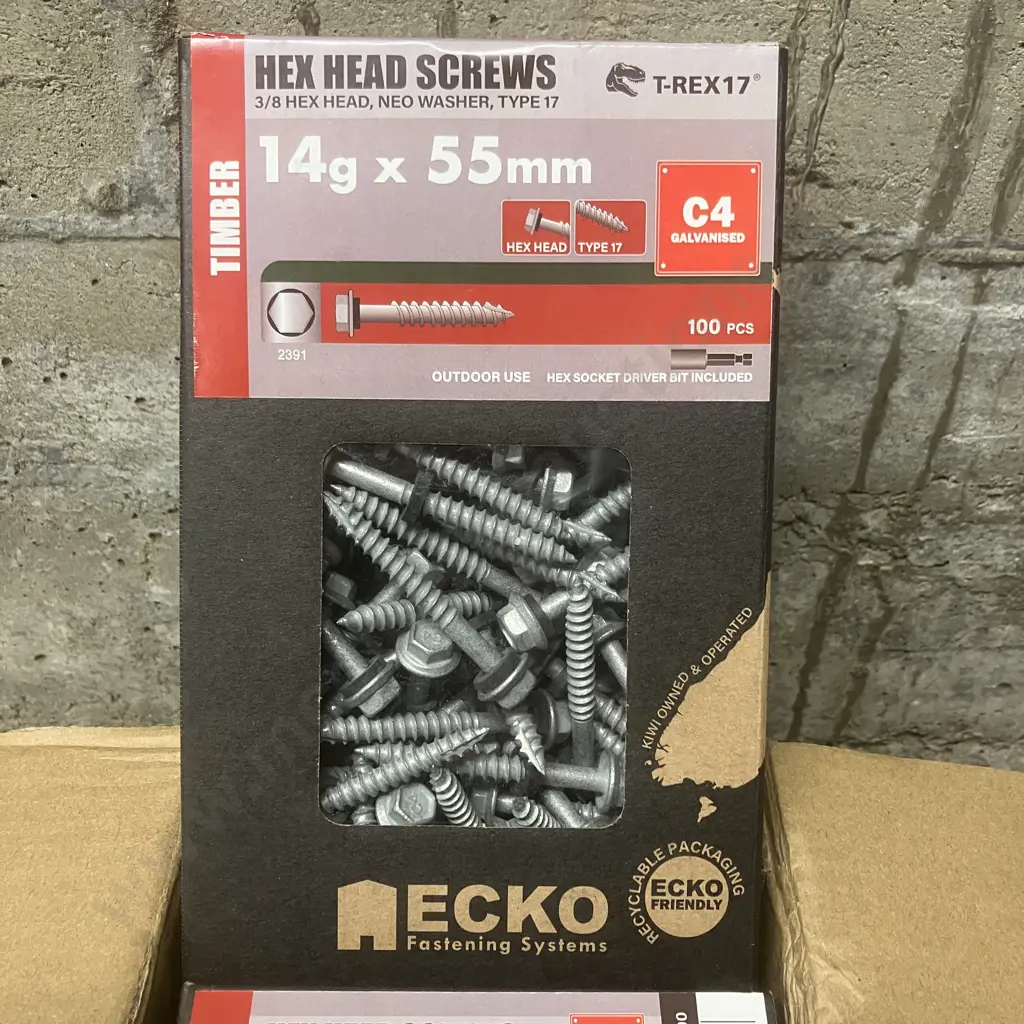 6 x 100 Ecko Timber Hex Head Screws 14G x 55mm, 3/8 Hex Head, Neo Washer, Type 17 Image 1++