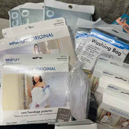 Box Lot Including Living & Co Vacuum Storage Bags, Freedom Cast Bandage Protectors Etc