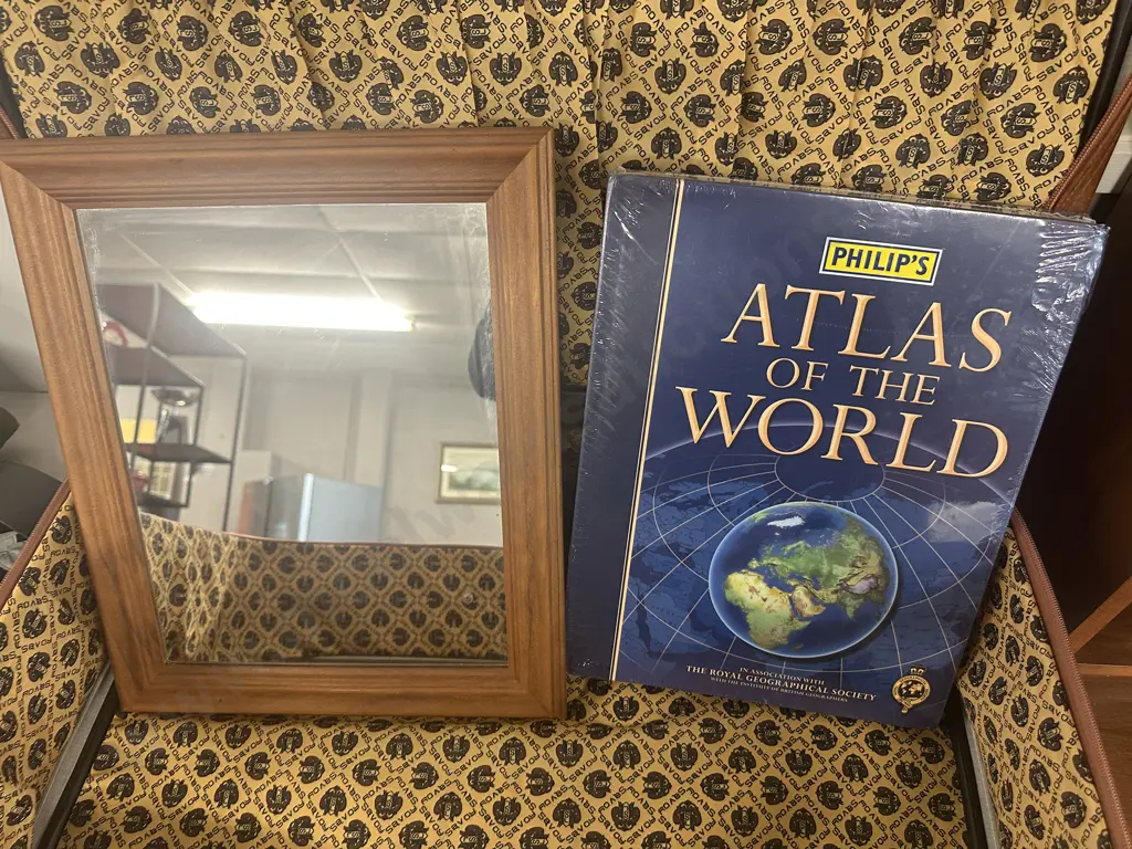 Vintage Savoy Suitcase, Wooden Framed Mirror & Atlas Of The World Image 1++
