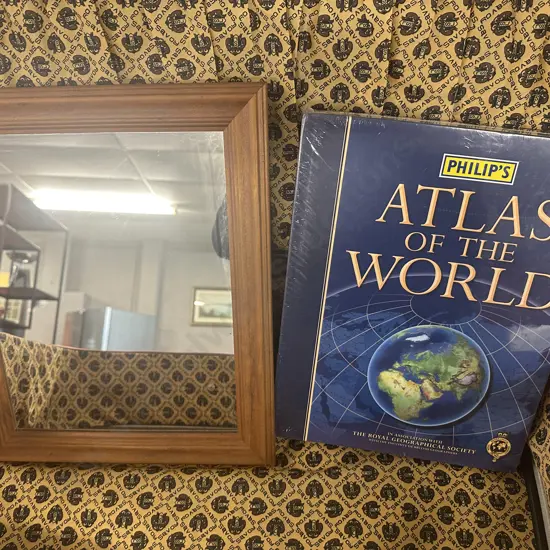 Vintage Savoy Suitcase, Wooden Framed Mirror & Atlas Of The World