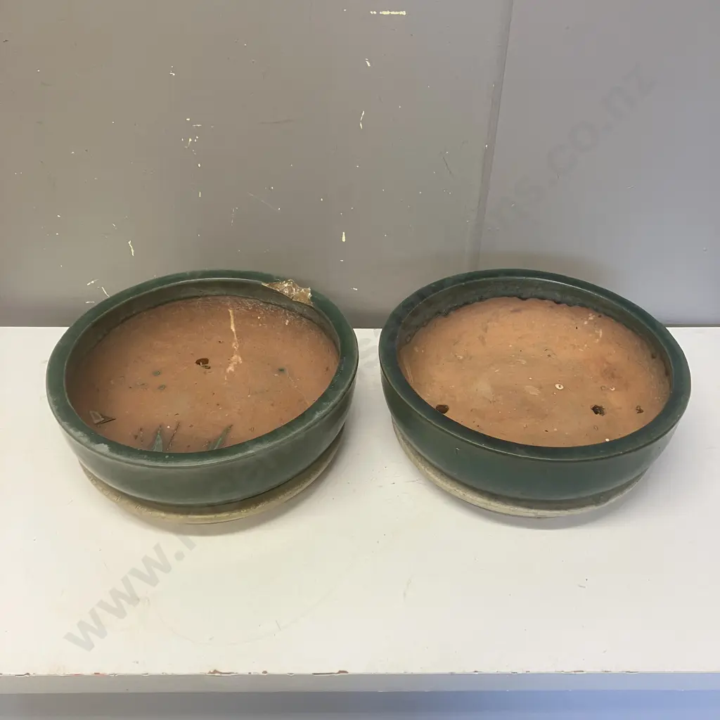 Pair of Green Glazed Planters With Saucers. 13 x 22cm Image 1++