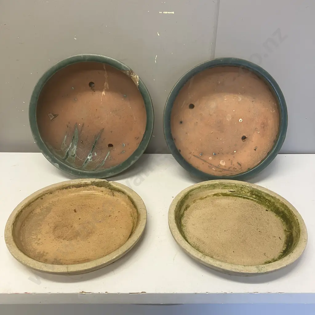 Pair of Green Glazed Planters With Saucers. 13 x 22cm Image 1++