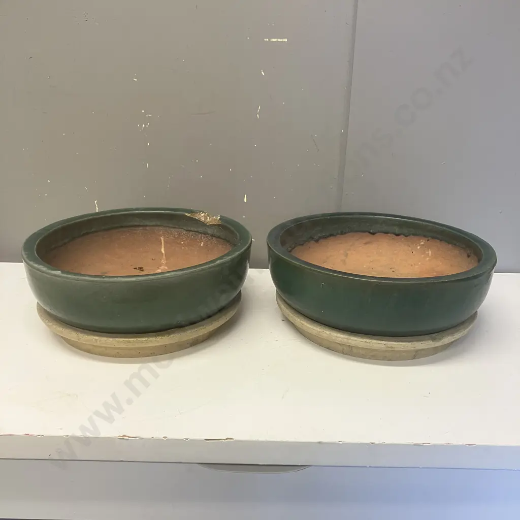 Pair of Green Glazed Planters With Saucers. 13 x 22cm Image 1++