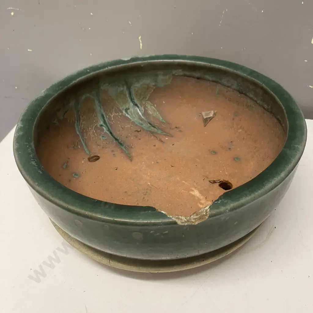Pair of Green Glazed Planters With Saucers. 13 x 22cm Image 1++