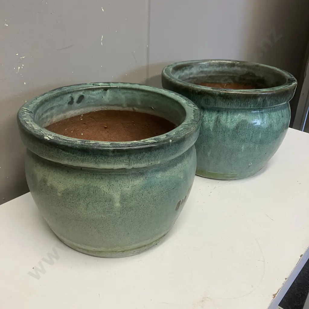 Pair of Green Glazed Planters. 22 x 30.5cm Image 1++