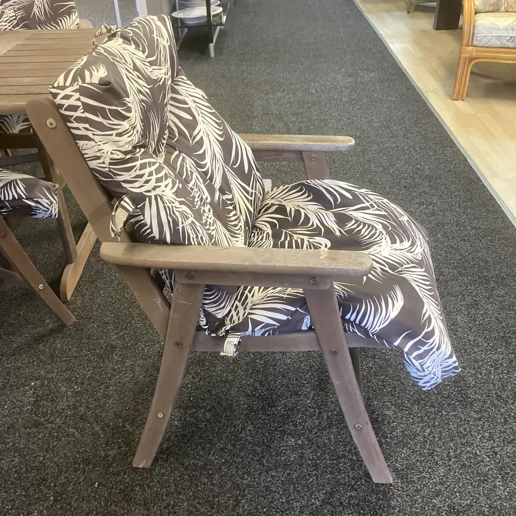 FSC Wooden Outdoor Table With 3 Armed Wooden Chairs, Brown & White Fern Patterned Squabs Image 1++