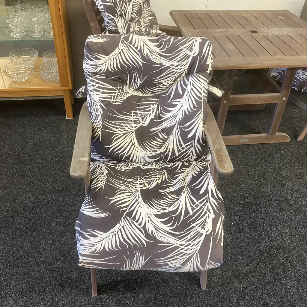 FSC Wooden Outdoor Table With 3 Armed Wooden Chairs, Brown & White Fern Patterned Squabs Image 1++