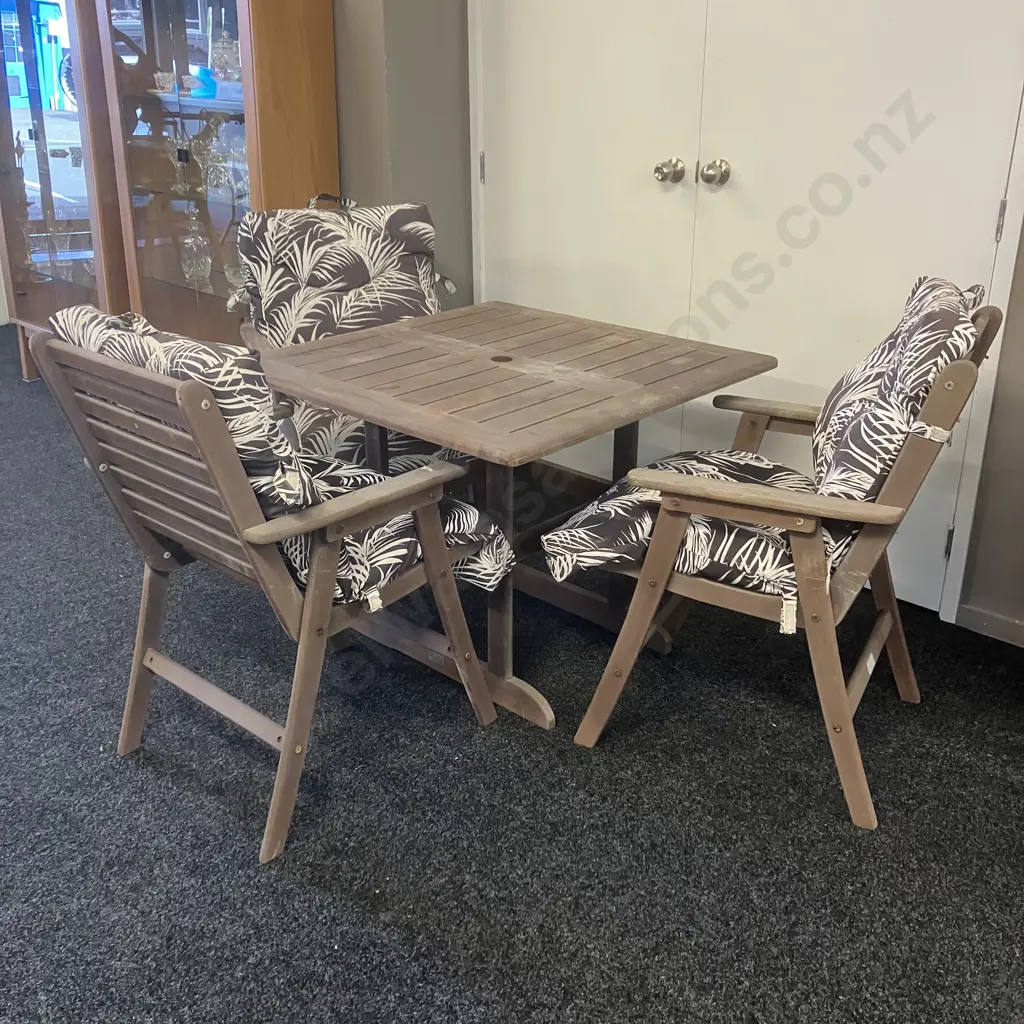FSC Wooden Outdoor Table With 3 Armed Wooden Chairs, Brown & White Fern Patterned Squabs Image 1++