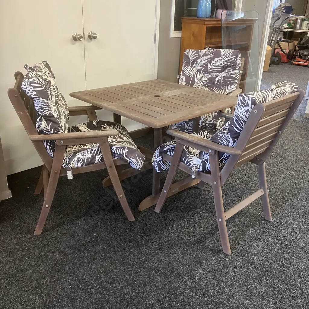 FSC Wooden Outdoor Table With 3 Armed Wooden Chairs, Brown & White Fern Patterned Squabs Image 1++