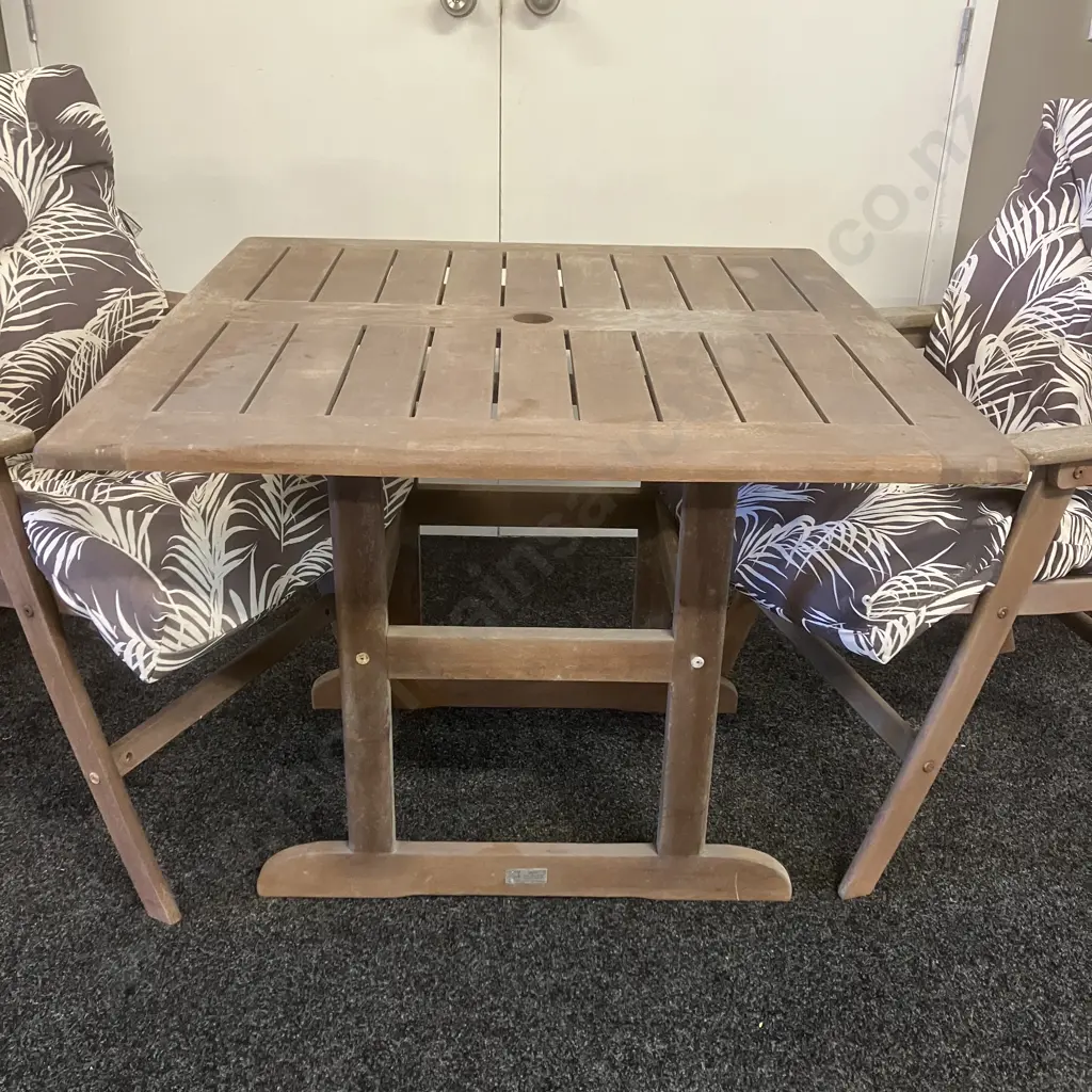 FSC Wooden Outdoor Table With 3 Armed Wooden Chairs, Brown & White Fern Patterned Squabs Image 1++