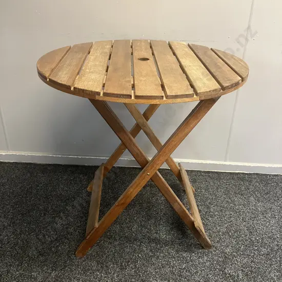 Teak Round Topped Folding Table. 71.5 x 69cm