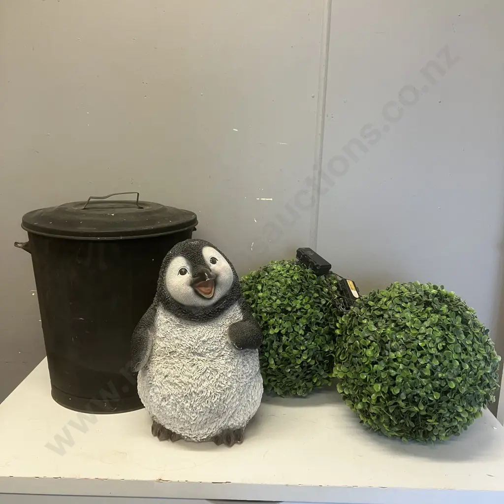 Penguin Outdoor Ornament, Faux Hanging Ivy Balls, Lidded Bin (AF) With Coloured Stones Image 1++