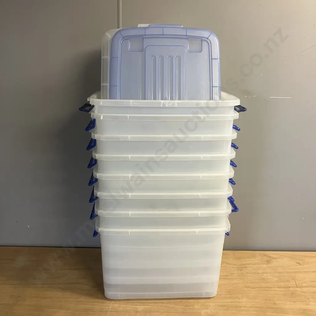 Lot of 8 Clear Plastic Bins With Lids. H32.5 W55 D39.5cm Image 1++