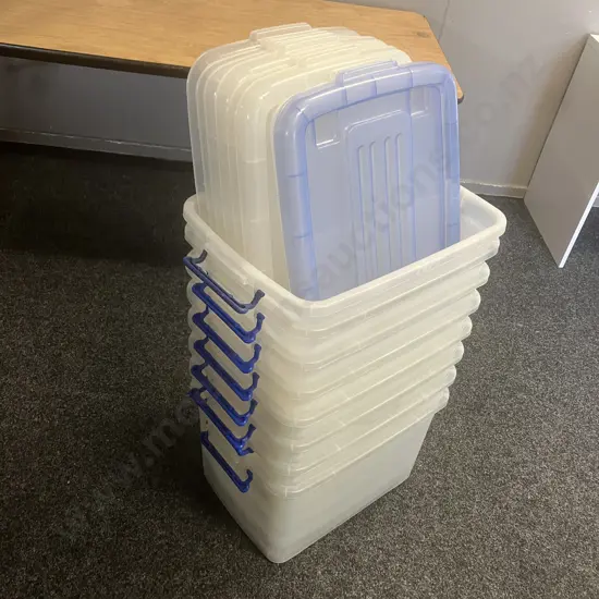 Lot of 8 Clear Plastic Bins With Lids. H32.5 W55 D39.5cm
