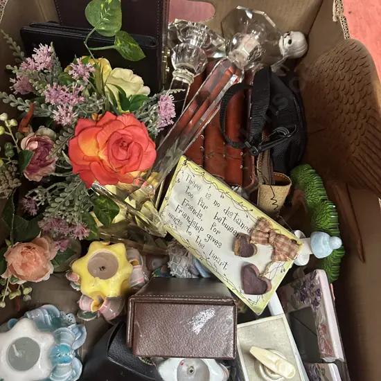 Box Of Ornaments, Candlesticks Etc