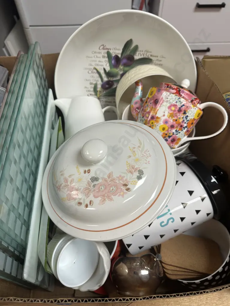 Box Of Crockery, Glass Boards Etc Image 1++