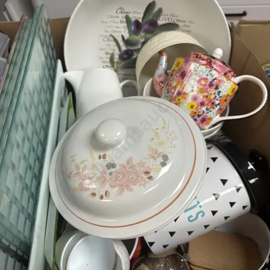 Box Of Crockery, Glass Boards Etc