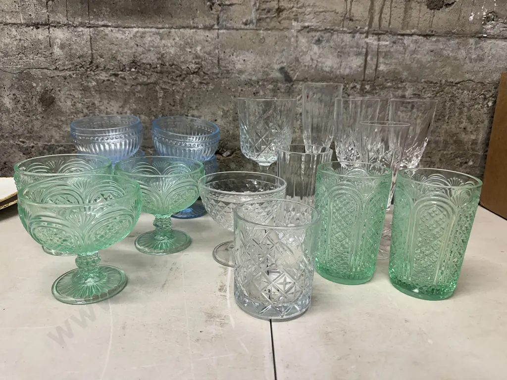 Teal & Blue Coloured Footed Glass Desert Bowls, Glasses Etc Image 1++