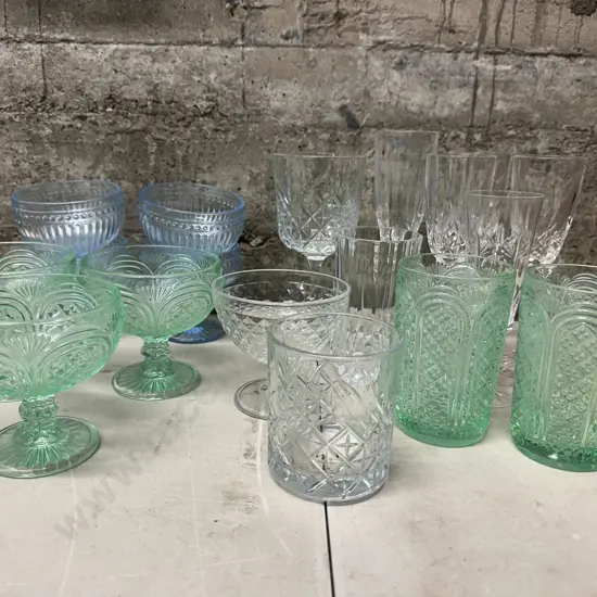 Teal & Blue Coloured Footed Glass Desert Bowls, Glasses Etc