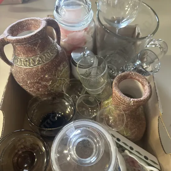 Box Of Pottery Vases, Glassware Items Etc
