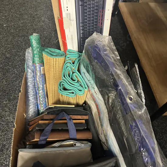 Box Lot Including Keyboard, Photo Frames, Comfort Chair Etc