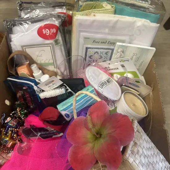 Box Lot Of Assorted Including Quilting Fabric Etc