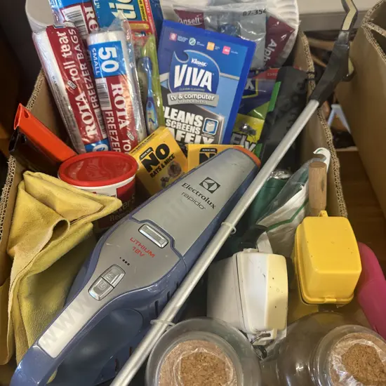 Box OF Electrolux Hand Held Vacuum, Mop Heads, Water Spots Etc