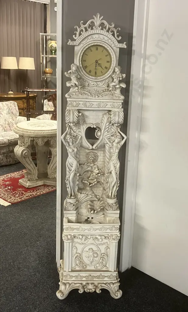 Rococo-style Grandfather Clock Featuring Cherubs & Waterfall Ornamentation, Battery Operated Clock & Pendulum. H187cm Image 1++