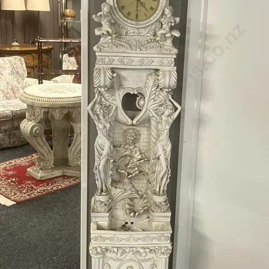 Rococo-style Grandfather Clock Featuring Cherubs & Waterfall Ornamentation, Battery Operated Clock & Pendulum. H187cm