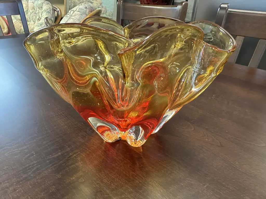 Beautiful Heavy Vintage Murano Art Glass Bowl Orange Tones H18,Dia25cm. Image 1++